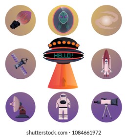 Space universe aliens ufo astronomical cosmo set. Shuttle, universe, planet, rover, ship, unknown flying object, satellite, antenna, telescope. Modern flat cartoon vector illustration with gradient