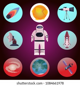 Space universe astronomical cosmo set. Shuttle, astronaut, planet, Earth, ship, sun, galaxy, star, spaceman, satellite, antenna, telescope. Modern flat cartoon vector illustration with gradient.