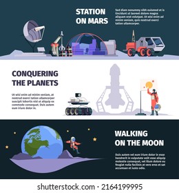 Space universe banners. Different cosmos planets exploring astronaut adventure space travellers garish vector templates with place for text