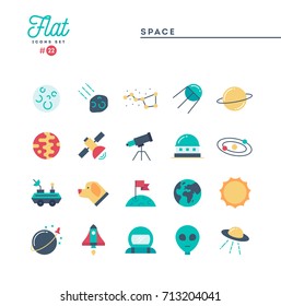 Space, universe, celestial bodies, rocket launching, astronomy and more, flat icons set, vector illustration