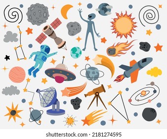 	
Space universe colored isolated icon set elements of outer space on white background.