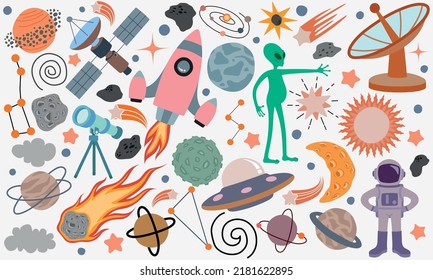 Space universe colored isolated icon set elements of outer space on white background.