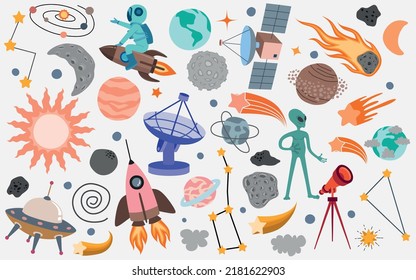 Space universe colored isolated icon set elements of outer space on white background.