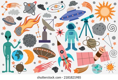 Space universe colored isolated icon set elements of outer space on white background.