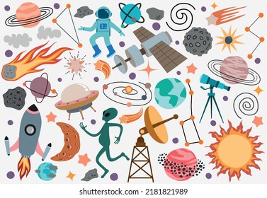 Space universe colored isolated icon set elements of outer space on white background.