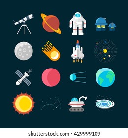 Space universe colored isolated icon set elements of outer space on black background vector illustration