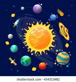 Space universe composition with solar system with planets and technology in space vector illustration