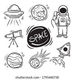 space and Universe doodle vector illustration set. such us Rocket astronaut, spacecraft satellite etc.
