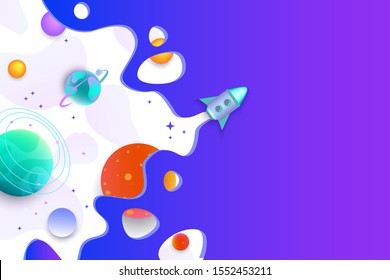 Space universe elements - web banner or poster with flying rocket and galaxy planets, flat cartoon vector illustration background. Exploring and discovery metaphor.