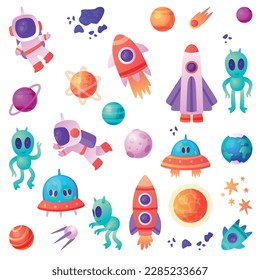 Space and Universe Exploration Objects with Rocket, Planet and Astronaut Vector Set