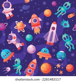 Space and Universe Exploration Seamless Pattern with Rocket, Planet and Astronaut Vector Template