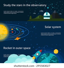 Space and universe flat horizontal banner set isolated vector illustration