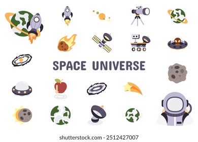 Space Universe Flat Vector Illustration Icon Sticker Set Design Materials