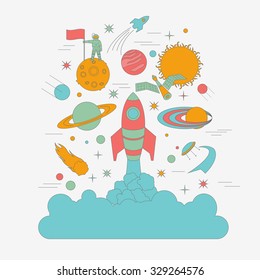 Space, universe graphic design. Linear icon set. Vector illustration 