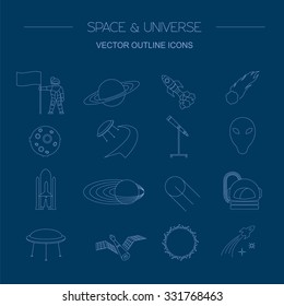 Space, universe graphic design. Linear icon set. Vector illustration 