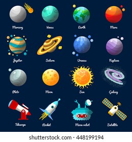 Space universe icon set with descriptions of planets names and space technology vector illustration