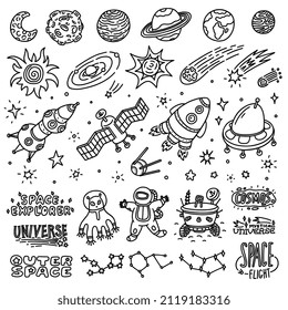 Space universe icons and quotes set, cartoon hand drawn doodle style vector illustration isolated on white background. Planets, spacecraft and lettering phrases bundle.