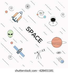 Space universe illustration. Vector flat line art icons