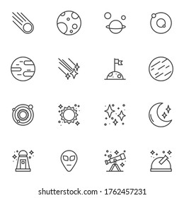 Space, universe line icons set, outline vector symbol collection, linear style pictogram pack. Signs, logo illustration. Set includes icons as cosmos planets, solar system, telescope, observatory