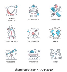 Space universe linear icons with solar system satellites earth telescope astronaut shuttle mars rover isolated vector illustration