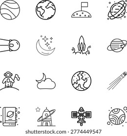 space universe planets astronaut rocket cosmos icons, planet, earth, rocket, astronaut, moon, satellite, comet
