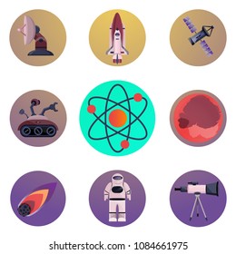 Space universe scince astronomical cosmo set. Shuttle, atom, universe, rover, ship, Mars, exoplanet, satellite antenna, telescope, meteorite. Modern flat cartoon vector illustration with gradient