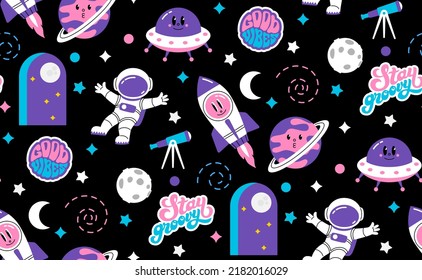 Space universe seamless pattern in flat vintage cartoon style. Telescope, rocket, ufo, comet, astronaut, planet, star, moon in childish doodle design.