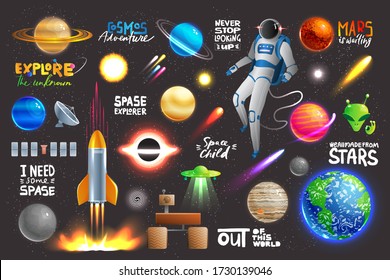 Space universe set, collection of glowing planets, icons and stickers with text, vector illustration. Spaceman cosmonaut suit, explore and discover universe. Spacecraft rocket launch, interstellar set