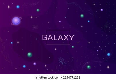 Space universe. Stars and planets in galaxy. Purple and blue sky. Modern presentation for astrology. Astronomy science. Interstellar exploration background. Vector utter illustration