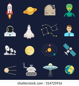 Space universe symbols flat icons set with cosmonaut satellite spacecraft and alien visitor abstract isolated vector illustration