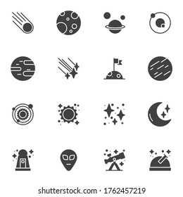 Space, universe vector icons set, modern solid symbol collection, filled style pictogram pack. Signs, logo illustration. Set includes icons as cosmos planets, solar system, telescope, observatory