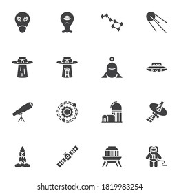 Space, universe vector icons set, modern solid symbol collection, filled style pictogram pack. Signs, logo illustration. Set includes icons as ufo alien, ursa major, astronomy telescope, spaceman