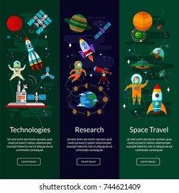 Space universe vertical  banner set with flat  symbols of planets, rockets, satellites, space station and ufo.