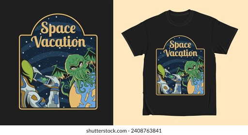 Space vacation graphic t-shirt design, monster alien vector illustration for t-shirt, apparel and clothing design