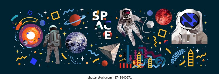 Space. Vector Abstract Illustrations Of An Astronaut, Planets, Galaxy, Mars, Future, Earth And Stars. Science Fiction Drawing For Poster, Cover Or Background
