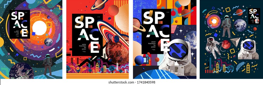 Space. Vector abstract illustrations of an astronaut, planets, galaxy, mars, future, earth and stars. Science fiction drawing for poster, cover or background
 
