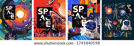 Space. Vector abstract illustrations of an astronaut, planets, galaxy, mars, future, earth and stars. Science fiction drawing for poster, cover or background
 
