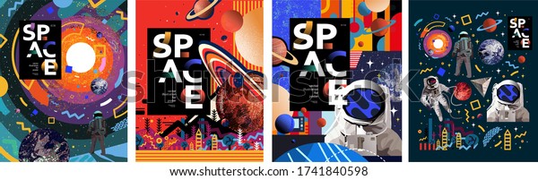 Space. Vector abstract illustrations of an astronaut, planets, galaxy, mars, future, earth and stars. Science fiction drawing for poster, cover or background
 
