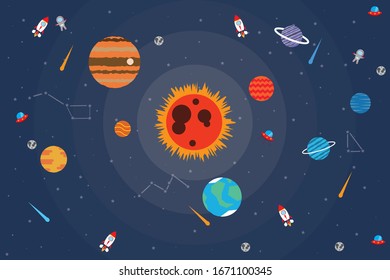 Space vector background with astronaut, rocket, spaceship,sun, moon,ufo, planets and stars.