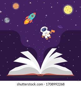 Space vector background. Cartoon flat cute kids galaxy print and moon, rocket, stars, astronaut, outer space, constellations, planets. Cosmic dream creative banner with dark blue night sky, open book 