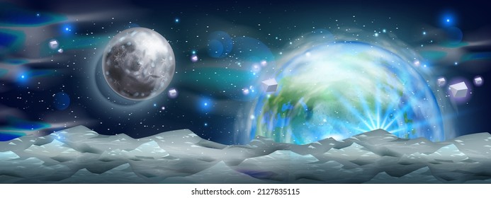 Space vector background, galaxy night sky, Earth planet view, cosmic stone, moon satellite stars. Neon universe astronomy wallpaper, horizontal rock ground surface sci-fi game banner. Space background