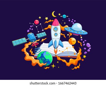 Space vector background image with rocket and satellite