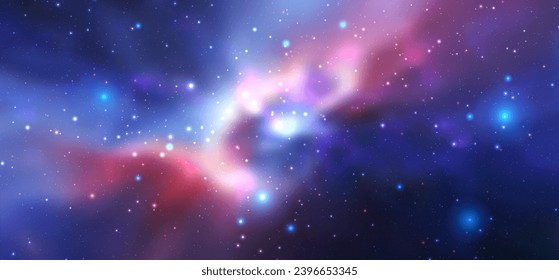 Weltraumvektorhintergrund mit realistischen Nebel und leuchtenden Sternen. Magische bunter Galaxie mit Stardust