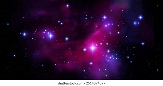 Vetor espacial de fundo com nebulosa realista e estrelas brilhantes. Galáxia colorida mágica com poeira estelar