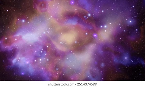 Vetor espacial de fundo com nebulosa realista e estrelas brilhantes. Galáxia colorida mágica com poeira estelar