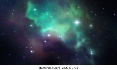 Vetor espacial de fundo com nebulosa realista e estrelas brilhantes. Galáxia colorida mágica com poeira estelar