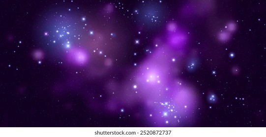 Vetor espacial de fundo com nebulosa realista e estrelas brilhantes. Galáxia colorida mágica com poeira estelar