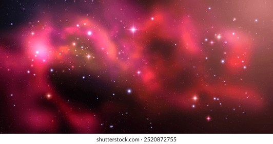 Vetor espacial de fundo com nebulosa realista e estrelas brilhantes. Galáxia colorida mágica com poeira estelar