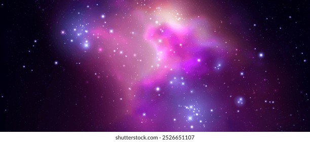 Vetor espacial de fundo com nebulosa realista e estrelas brilhantes. Galáxia colorida mágica com poeira estelar