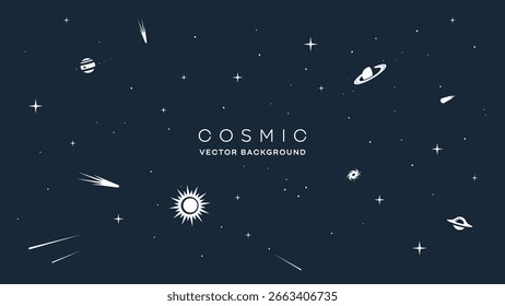 Espaço. Fundo vetorial para o seu projeto: Sol, estrelas, planetas, galáxia, cometas, meteoros, buraco negro